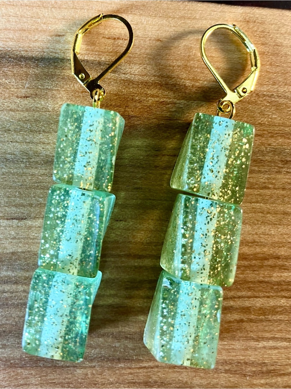 Gold-Tone Leverback Earrings with Mint Green Glitter Resin Cubes